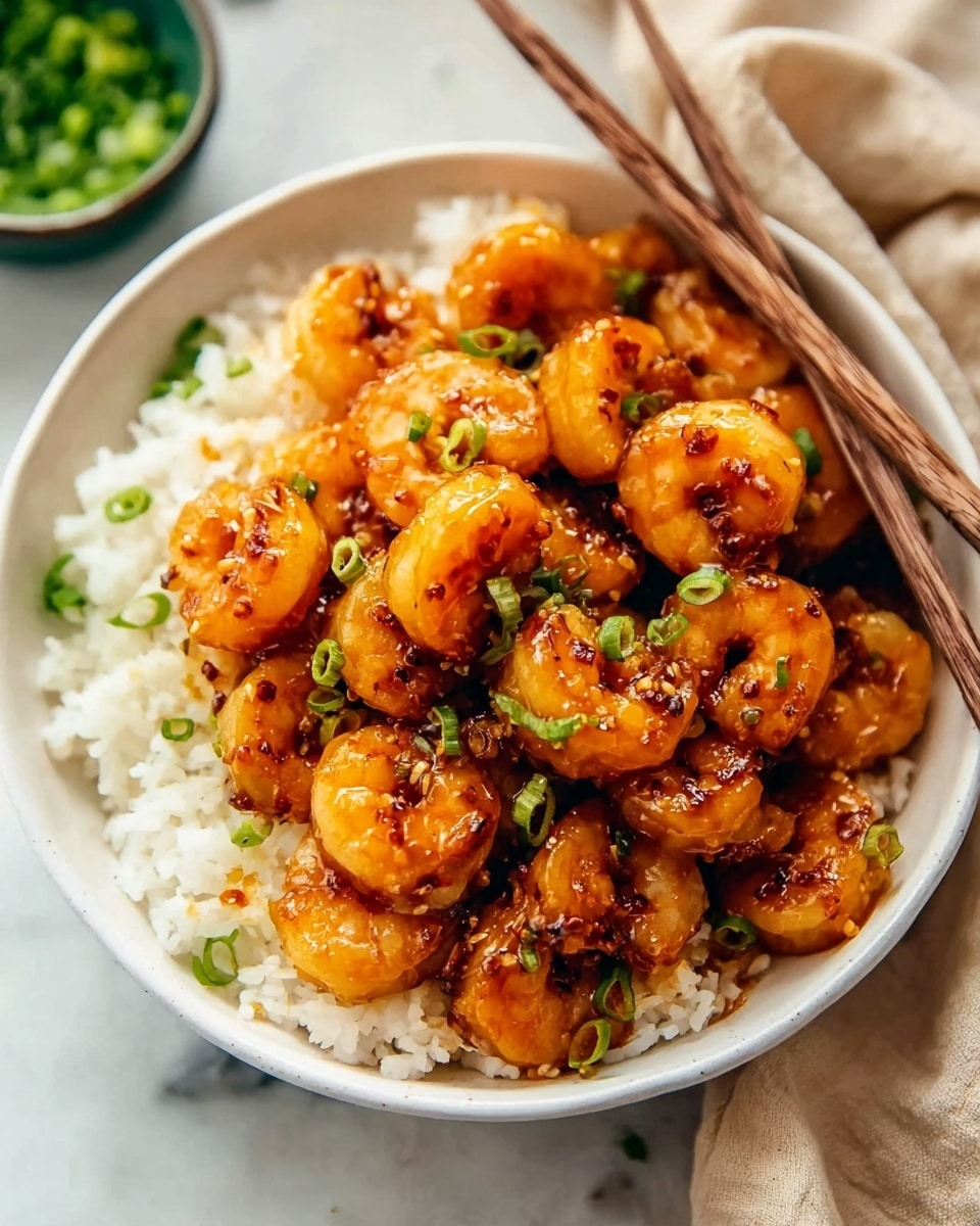 A white bowl filled with a base layer of white rice on one side, topped with a generous pile of glossy, orange-brown glazed shrimp layered thickly in the center. The shrimp are plump, coated with a slightly sticky sauce that has a shiny surface with hints of caramelization and small dark grill marks. Scattered thinly sliced green onions are sprinkled on the shrimp, adding bright green color contrast. A pair of wooden chopsticks rest on the edge of the bowl, angled slightly outward. The bowl is placed on a white marbled surface with a blurred soft beige cloth in the background and a green bowl of chopped green onions off to the side. The lighting is warm and soft, highlighting the moist texture of the shrimp. Photo taken with an iphone --ar 4:5 --v 7
