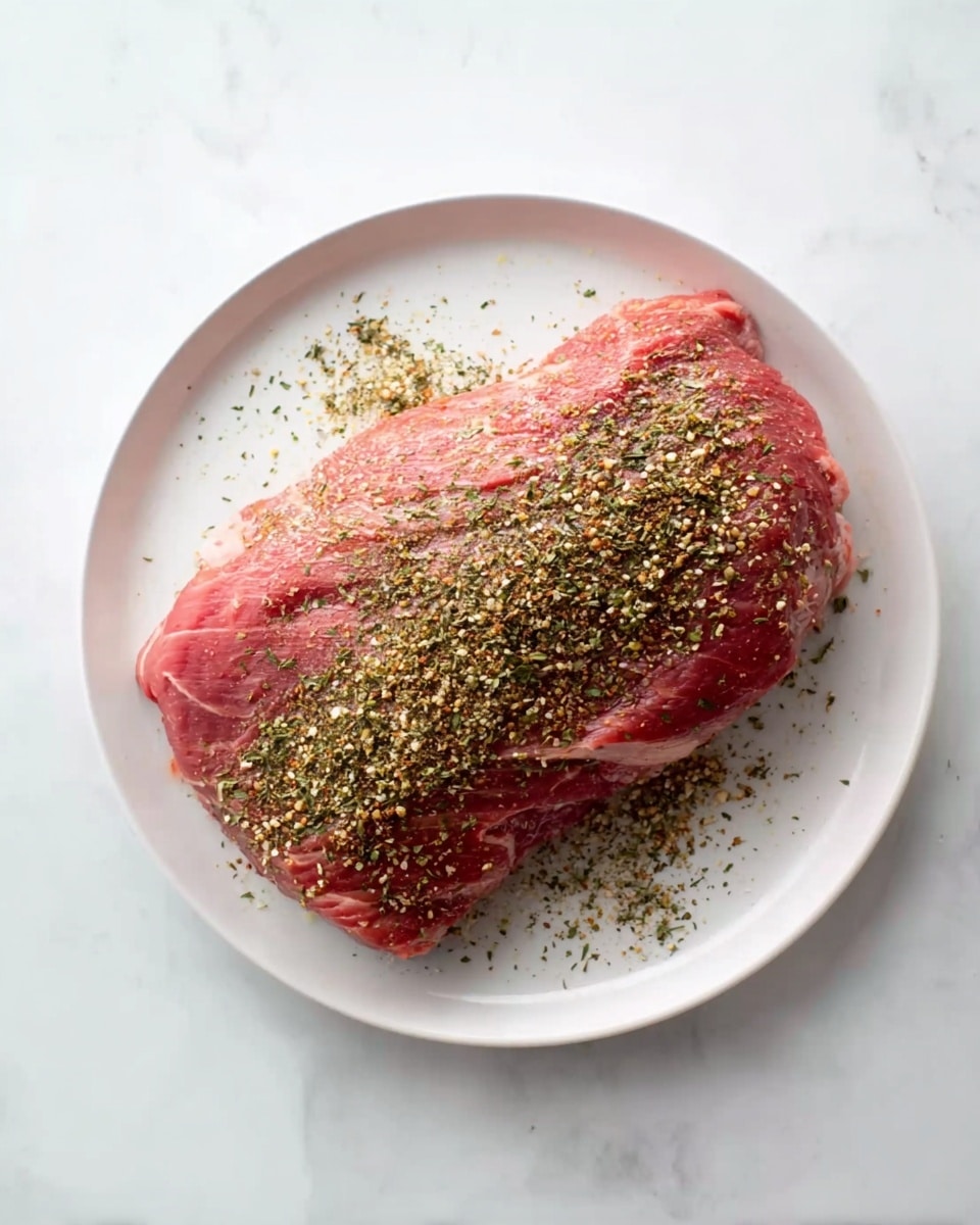 A large piece of raw pink meat rests on a white plate, sprinkled evenly with a mixture of dried green and brown herbs and spices, giving a textured, grainy look on top. The plate is placed on a white marbled surface, creating a clean and simple background. The meat shows slight folds and natural lines, with the seasoning concentrated mostly in the center and spreading outward lightly. Photo taken with an iphone --ar 4:5 --v 7
