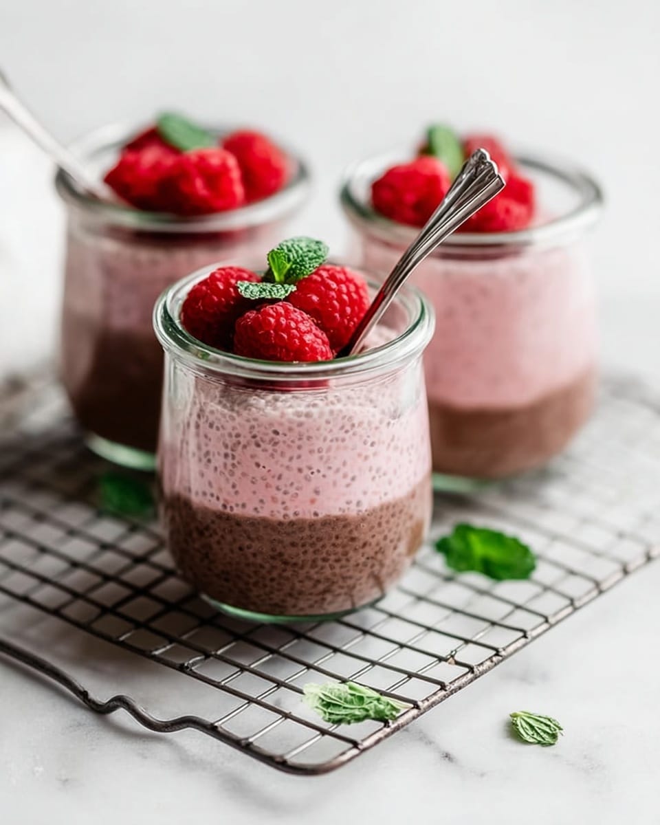 Three clear glass jars each with two layers of pudding sit on a metal grid. The bottom layer is dark brown and smooth, while the top layer is light pink with small chia seeds mixed in. Each jar is topped with three fresh red raspberries and a small green mint leaf. A silver spoon is placed inside each jar, leaning against the rim. The jars rest on a white marbled surface with a few loose mint leaves scattered around. Photo taken with an iphone --ar 4:5 --v 7