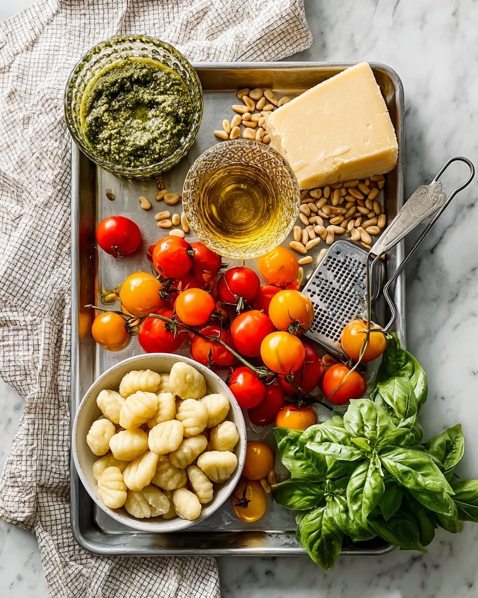 A metal tray on a white marbled surface holds several ingredients including a small clear bowl full of pine nuts at the top center, a textured glass filled with golden oil to its left, and a wedge of pale yellow hard cheese resting on a metal grater to the right. Scattered on the tray and overflowing are bright red, orange, and yellow cherry tomatoes on the vine, adding layers of warm colors. A white bowl at the bottom left corner of the tray contains many small, pale, round gnocchi pieces with a slightly rough texture. Near the tray, on the surface, bright green basil leaves add fresh color next to a gray bowl filled with thick, green pesto sauce with a spoon inside. A light-colored checkered cloth is folded and placed on the left side partly under the tray. Photo taken with an iphone --ar 4:5 --v 7