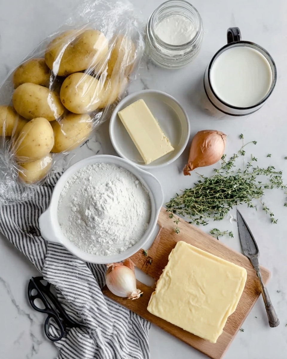 The image shows a top view of various cooking ingredients laid out on a white marbled surface. On the left, there is a transparent bag holding several yellow potatoes next to a white bowl with a stick of butter. Nearby are two shallots in a striped cloth. In the center, a small glass bowl filled with white flour sits above a white measuring cup full of sour cream. To the right, a thick square of light yellow cheese rests on a wooden cutting board near a small bunch of fresh green thyme. A metallic mug containing milk and an open jar with a dark lid are at the top. A pair of black scissors lies next to the cutting board. Photo taken with an iphone --ar 4:5 --v 7