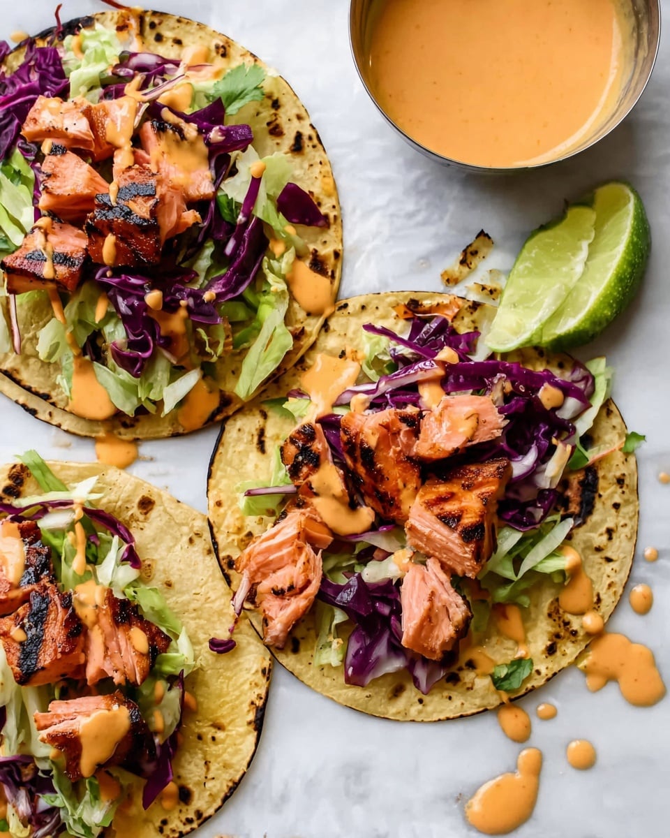 Three grilled corn tortillas sit on a white marbled surface, each topped with layers starting with chopped green lettuce and thin slices of red cabbage. On top of the veggies, there are chunks of grilled salmon with a pinkish-orange color and charred black grill marks. A light orange sauce is drizzled over the salmon and vegetables, with some drops spilled on the white marbled surface. A small metal bowl with the same orange sauce and a lime wedge are placed beside the tacos. The scene is bright and close-up, showing the textures of the ingredients clearly photo taken with an iphone --ar 4:5 --v 7