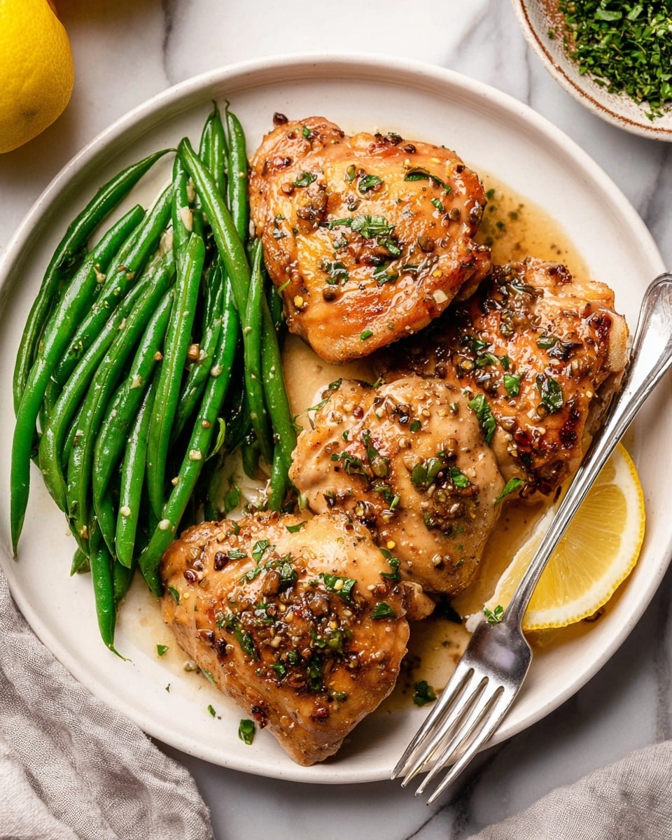 A white round plate with three pieces of cooked chicken thighs, golden brown with a slight glaze of sauce and sprinkled with chopped green herbs and mustard seeds, arranged on the left side. On the right side, a small pile of shiny green beans sits next to a thin, fresh lemon slice. A silver fork rests on the right edge of the plate. The plate is placed on a white marbled surface with a partially visible lemon half and a small dish of herbs in the background. photo taken with an iphone --ar 4:5 --v 7