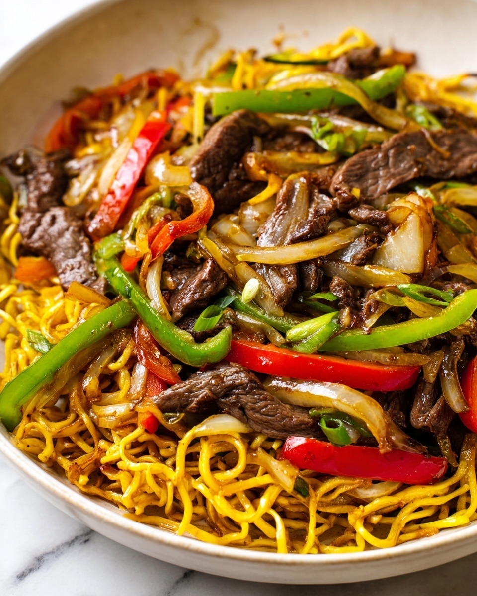 A white plate holds a colorful stir-fry dish with three main layers. The bottom layer is made of crispy yellow noodles, some slightly browned and twisted. Above the noodles lie thin slices of cooked beef, dark brown with a glossy texture. Scattered on top and mixed within are strips of red, green, and yellow bell peppers along with light tan cooked onions, all shiny and vibrant. The whole dish sits on a white marbled surface. photo taken with an iphone --ar 4:5 --v 7
