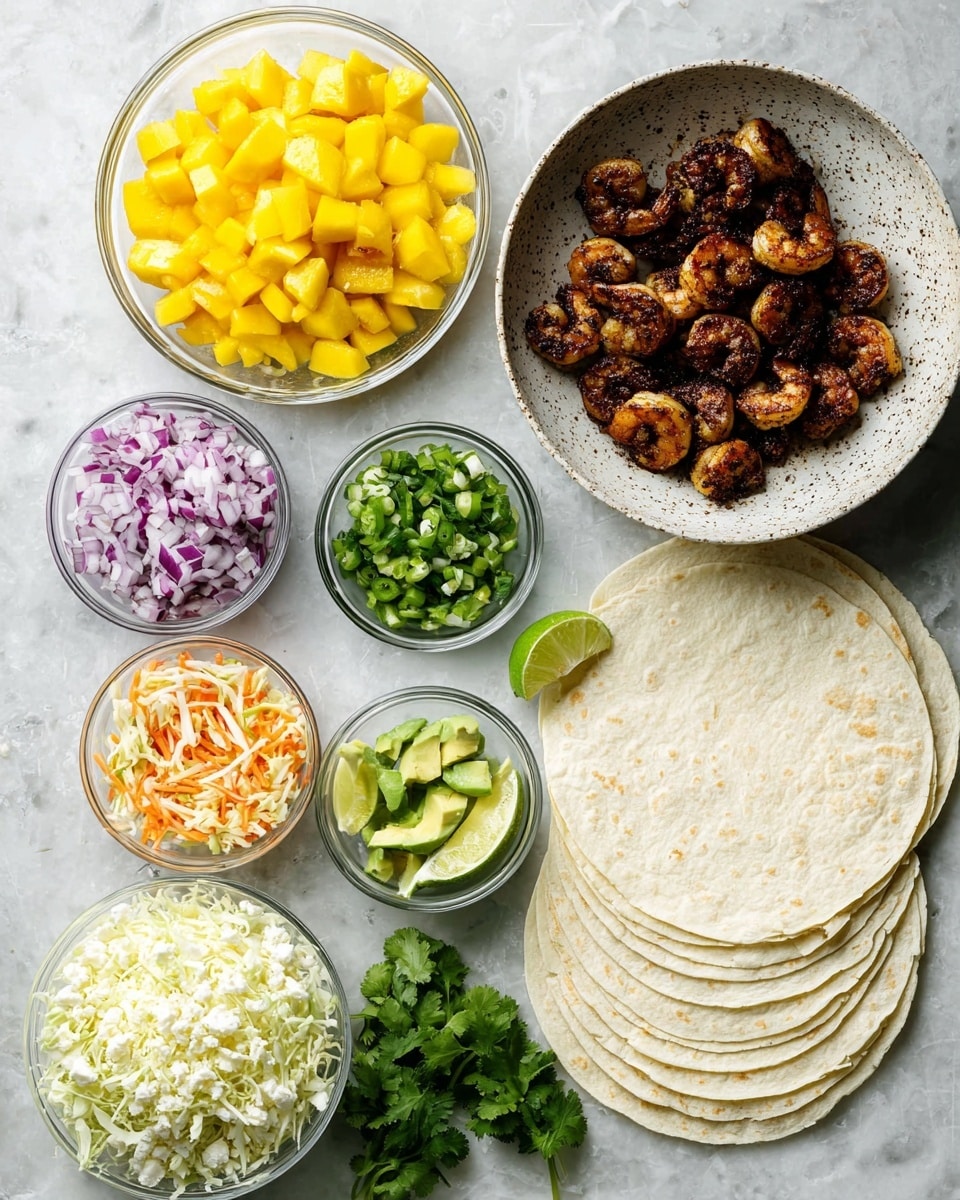 The image shows a flat lay of ingredients for a shrimp taco dish arranged on a white marbled surface. On the right side, there are six stacked white tortillas. Below the tortillas, a speckled white bowl holds cooked shrimp coated with dark spices. To the left of the shrimp, a clear glass bowl contains bright yellow diced mango pieces. Above the mango, a speckled white bowl is filled with finely chopped red onions. Next to the onions, three small clear glass bowls contain chopped green bell peppers, minced garlic, and fresh chopped cilantro, from bottom to top. On the left side, a speckled white bowl is filled with shredded cabbage mixed with carrot pieces. Below the cabbage, another speckled white bowl has crumbled white cheese. In front of the cheese is a clear glass bowl with diced avocado, and to the right of it is a small clear glass cup with light green lime juice. Some fresh cilantro sprigs are placed near the bottom left corner. Photo taken with an iphone --ar 4:5 --v 7