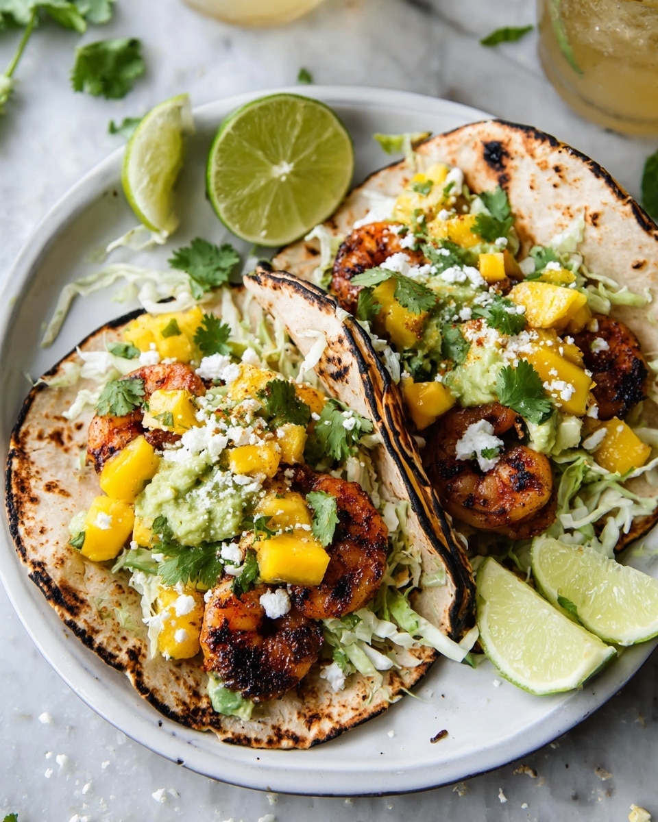 Two soft tortillas toasted to light brown with dark char marks hold grilled shrimp that is dark golden brown and slightly crispy. On top, there is a bright mix of yellow mango cubes, green cilantro leaves, creamy green avocado chunks, and thin white cabbage strips, all sprinkled with white crumbly cheese. The tacos rest on a white plate with lime wedges around them for added color. The setting is a white marbled surface with some scattered herbs and cheese crumbs. Photo taken with an iphone --ar 4:5 --v 7