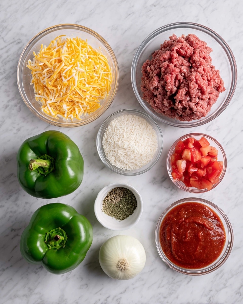 The image shows several ingredients neatly arranged on a white marbled surface. There are two green bell peppers placed on the left side. In clear glass bowls, there is shredded yellow cheese, raw ground meat with a pinkish-red color and a rough texture, diced tomatoes in red sauce, dry white rice, and a smaller bowl with a red paste. Two garlic cloves and a whole white onion are also shown. Another small white bowl contains dried herbs and black pepper. The items are spaced out clearly and viewed from above. Photo taken with an iphone --ar 4:5 --v 7