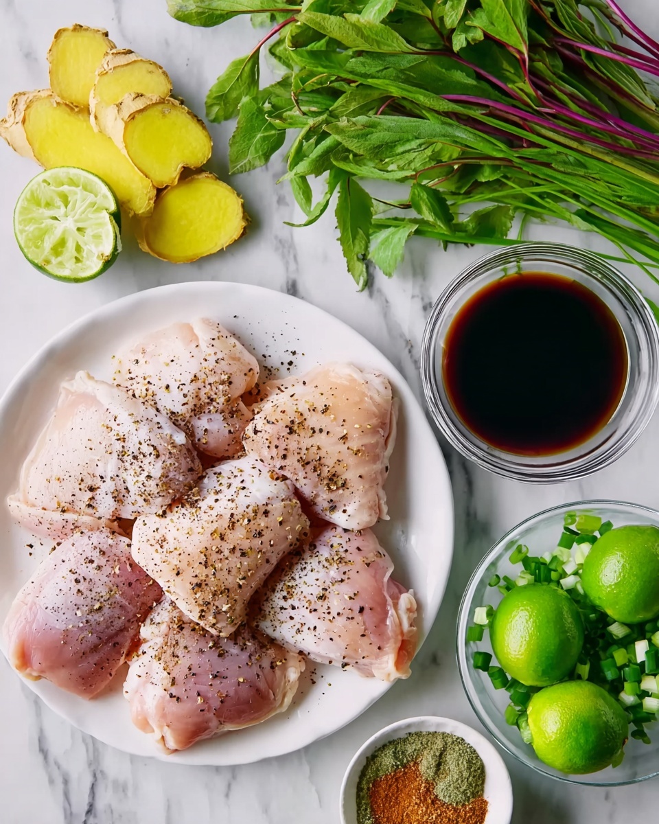 A white plate filled with six pieces of raw light pink chicken thighs sprinkled with black pepper sits on a white marbled surface. To the right, there is a small glass bowl of dark brown soy sauce, one of ground light brown ginger, and a clear bowl of chopped green onions. Two whole green limes, one cut in half showing a juicy bright green inside, are near the bowls. At the top left, two slices of bright yellow fresh ginger root sit next to a bunch of fresh green herbs with some purple stems. The photo taken with an iphone --ar 4:5 --v 7