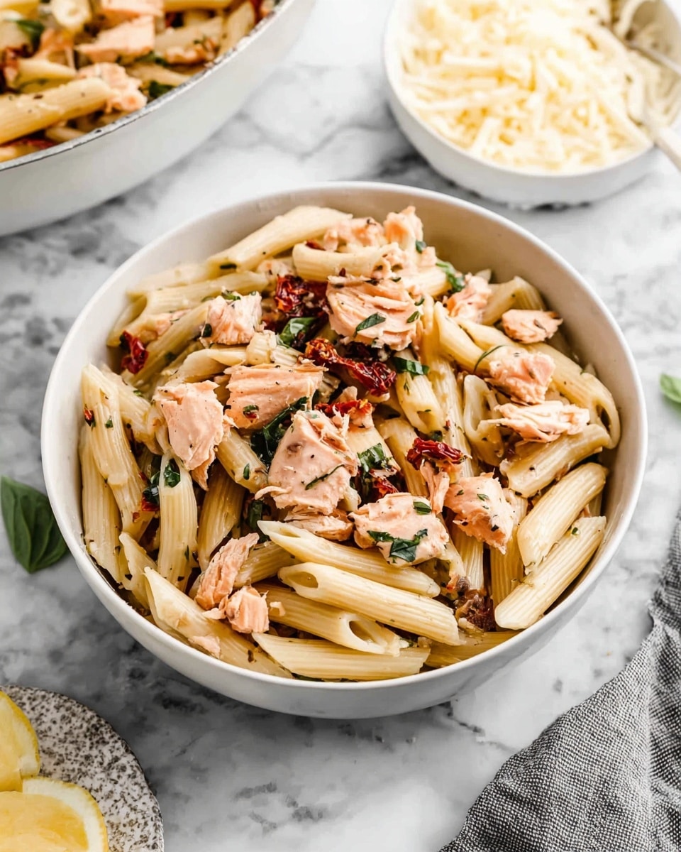A white bowl filled with three layers of food: the bottom layer is light brown penne pasta, the middle layer has light pink pieces of cooked salmon scattered evenly, and the top layer is mixed with small dark red bits of sun-dried tomatoes and dark green basil leaves, all mixed together with a slight shine from oil or sauce. The background is a white marbled surface with another white pan of penne pasta visible at the top, and a small white bowl of shredded cheese at the bottom right nearby, with a gray cloth to the right side. Photo taken with an iphone --ar 4:5 --v 7