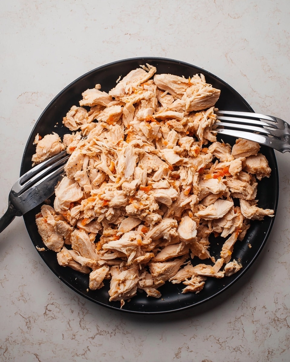 The image shows a round black plate filled with shredded cooked chicken pieces. The chicken is pale brown with some small bits of orange and white mixed in, adding slight color variation. The texture of the chicken looks tender and moist, with uneven pieces piled loosely on the plate. Two metal forks rest on opposite edges of the plate, one on the left and one on the right, partially touching the chicken. The plate is placed on a flat surface with a white marbled texture. photo taken with an iphone --ar 4:5 --v 7