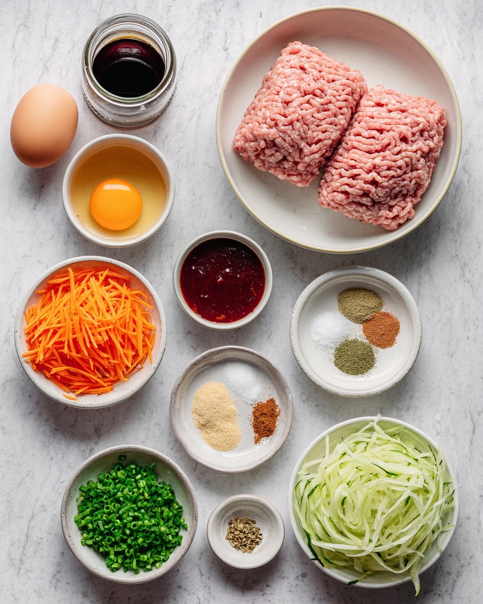 The image shows a collection of ingredients on a white marbled surface, arranged neatly. In the center right, a white bowl holds two large pieces of light pink ground meat. Surrounding it are small white bowls with different ingredients: shredded bright orange carrots at the bottom left, finely chopped green herbs at the bottom right, and thin white shredded pieces likely cucumber at the top right. Other small bowls hold various dry spices in beige, light brown, green, and white colors. A small bowl with thick dark red sauce sits near the top center next to a raw brown egg. A small jar with dark soy sauce-like liquid is to the top left. Photo taken with an iphone --ar 4:5 --v 7