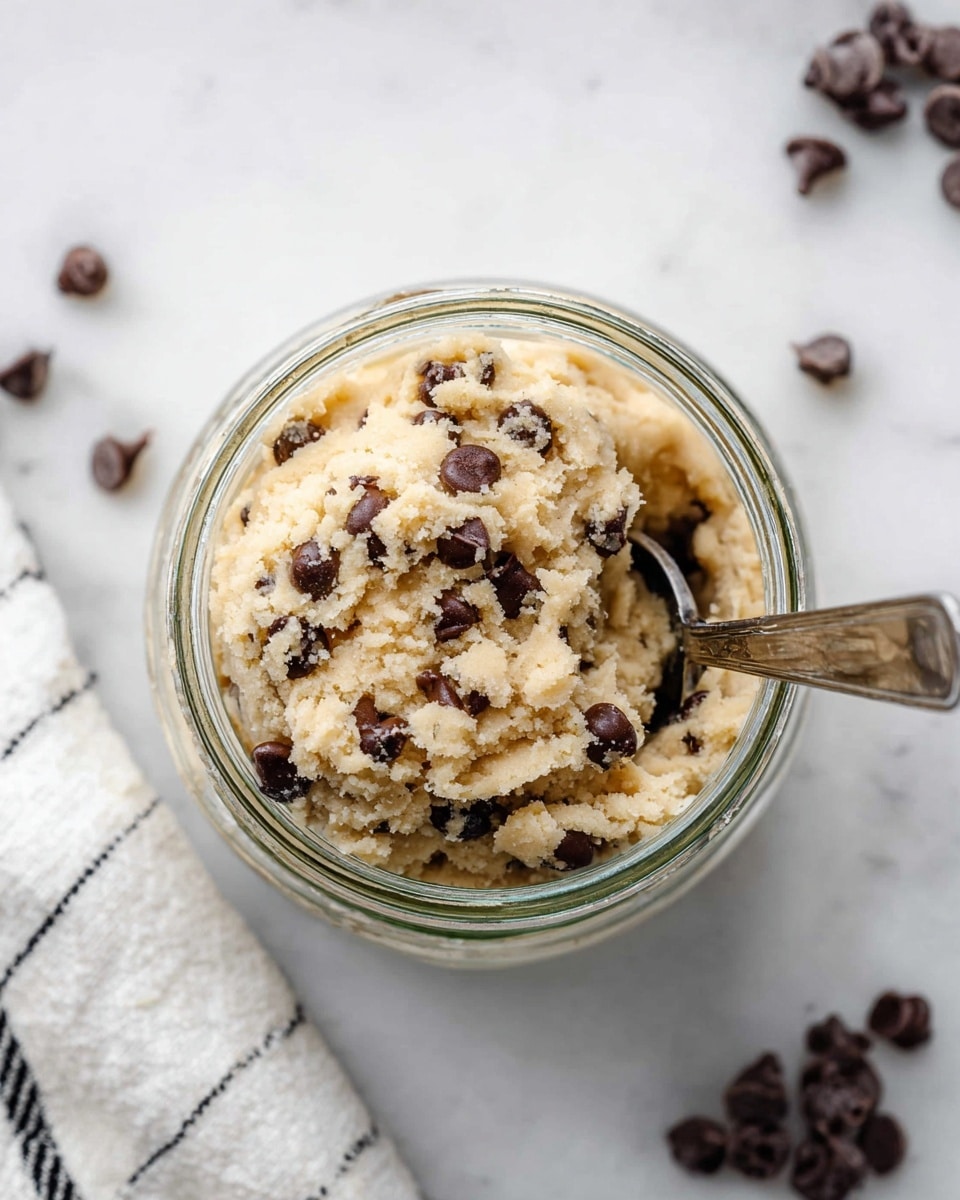 A clear glass jar is filled almost to the top with light beige cookie dough that looks soft and slightly crumbly, mixed with dark brown chocolate chips scattered evenly throughout. A silver spoon is placed inside the jar on the right side, partly buried in the dough. Around the jar, a few chocolate chips are lying on a white marbled surface, and in the lower right corner, there is a white fabric with black stripes visible. The photo is taken from above, showing the full top of the jar. photo taken with an iphone --ar 4:5 --v 7