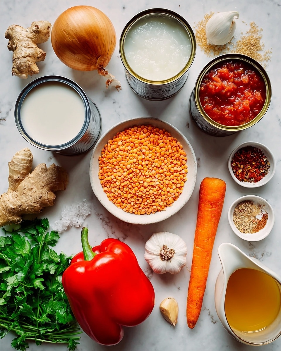 The image shows various cooking ingredients arranged neatly on a white marbled surface. There is a whole golden brown onion on the top left, next to a piece of beige ginger root. Below the onion and ginger are two open cans, one filled with white coconut milk and the other with chunky red tomatoes. In the center, a white bowl holds orange lentils. Around it, a bright red bell pepper sits next to fresh green cilantro leaves. To the right, there is a long orange carrot lying next to a white bulb of garlic and a few cloves. Near the top right, small white dishes contain salt, crushed red pepper flakes, and brown spice powder. A small white pitcher holds a light brown liquid, and to the far right, a glass container has a golden-yellow broth. photo taken with an iphone --ar 4:5 --v 7