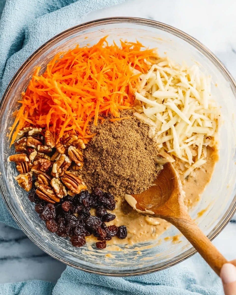 A clear glass bowl is filled with six separate piles of ingredients arranged in a circle, each occupying a distinct section. Starting from the top, there is a pile of bright orange shredded carrots with a rough texture, followed by a heap of light beige shredded apple with a soft texture on the right. Below the apple, dark brown raisins with a wrinkled surface are gathered in a dense cluster. To the left of the raisins, chopped pecans with a rough, bumpy texture and light brown color are placed. Above the pecans, a smooth, beige batter fills part of the bowl, and in the center of the bowl is a small, neat mound of dark brown ground spices on top of the batter. A wooden spoon with a woman's hand holding it is partially dipped into the batter. The bowl rests on a white marbled surface with a soft, light blue cloth nearby. Photo taken with an iphone --ar 4:5 --v 7