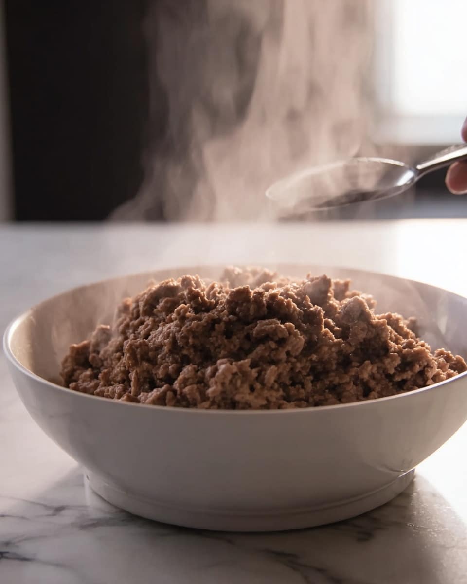 A close-up view of a white bowl filled with one thick layer of cooked ground meat, brown in color with a soft texture and steam rising from it, indicating it is hot and fresh. The bowl is placed on a surface with a white marbled texture and a woman's hand is partially visible holding a metal utensil above the bowl. The background is softly lit and faded. photo taken with an iphone --ar 4:5 --v 7
