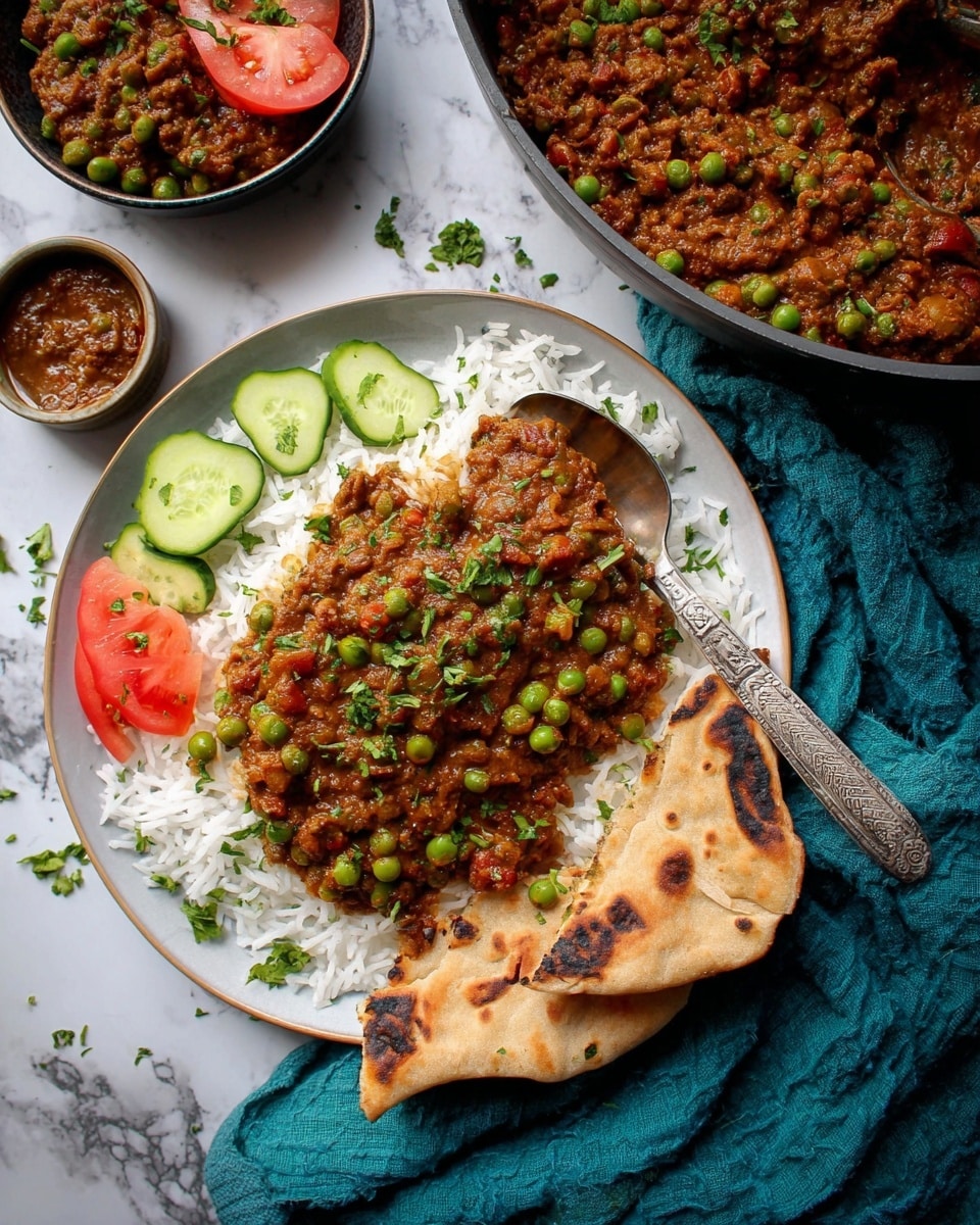 A white plate on a white marbled surface holds a serving of white rice covered with a layer of thick brown curry mixed with green peas and small bits of onion, topped with chopped green herbs. On one side, there is a small pile of sliced green cucumber and red tomato pieces. Two pieces of toasted flatbread with dark brown char marks rest on the right side of the plate. A silver spoon with a decorative handle is placed on top of the curry. In the background, a dark pan filled with more curry and peas sits near a small bowl of chutney. A teal cloth is folded and placed beside the plate. Photo taken with an iphone --ar 4:5 --v 7