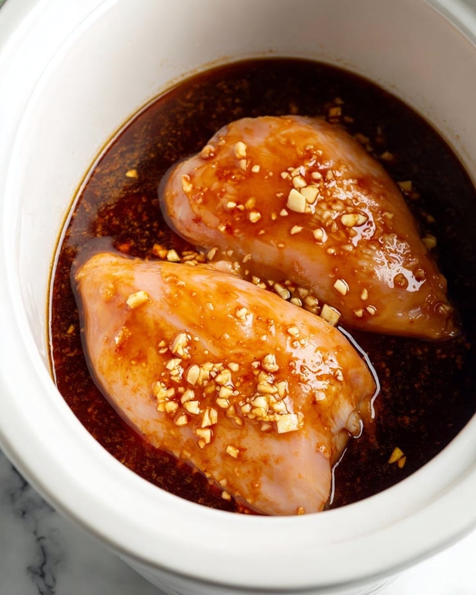 Two large raw chicken pieces are placed inside a white crockpot, covered with a dark brown marinade sauce with small bits of chopped garlic scattered on top and throughout the sauce. The chicken pieces are smooth with a slightly shiny texture, resting in the thick liquid that fills the bottom part of the crockpot, which sits on a white marbled surface. Photo taken with an iphone --ar 4:5 --v 7