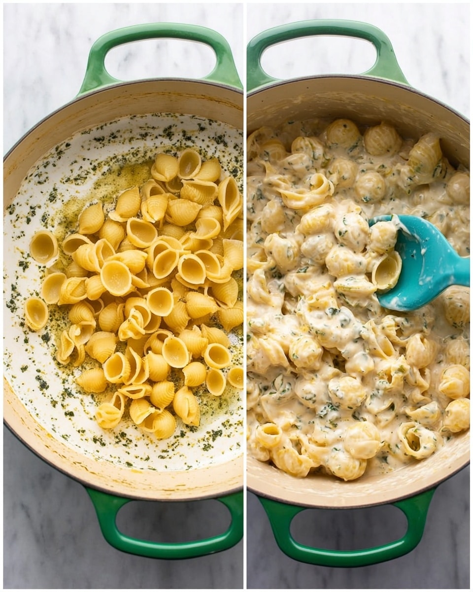 Two images show the same large green pot with creamy sauce and pasta inside on a white marbled surface. The first image has three layers: a bottom layer of chopped herbs in oil, a middle layer of thick white cream, and a top layer of raw yellow pasta shells scattered over the cream. The second image shows the cooked pasta fully mixed with the creamy herb sauce, turning a light beige color with flecks of herbs throughout. A turquoise spoon is stirring the pasta on the right side of the pot in the second image. photo taken with an iphone --ar 4:5 --v 7