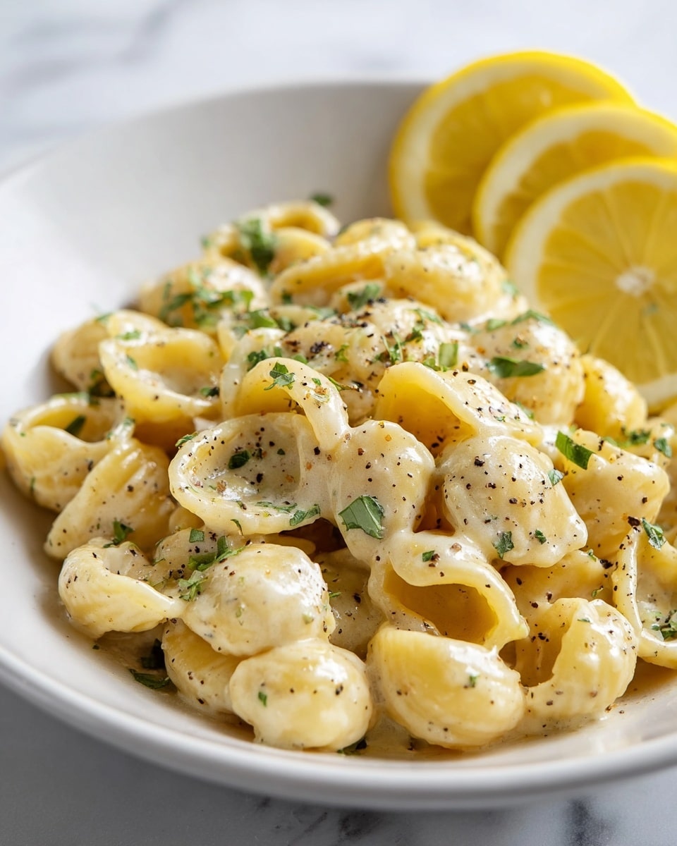 A close view of a white bowl filled with small shell pasta covered in a creamy, light yellow sauce with visible herbs and black pepper flecks evenly spread through the sauce and on the pasta. Two bright yellow lemon slices are placed on the upper right side of the bowl’s edge. The pasta is slightly shiny and coated well with sauce, and small green herb pieces are sprinkled on top. The bowl sits on a white marbled surface. photo taken with an iphone --ar 4:5 --v 7
