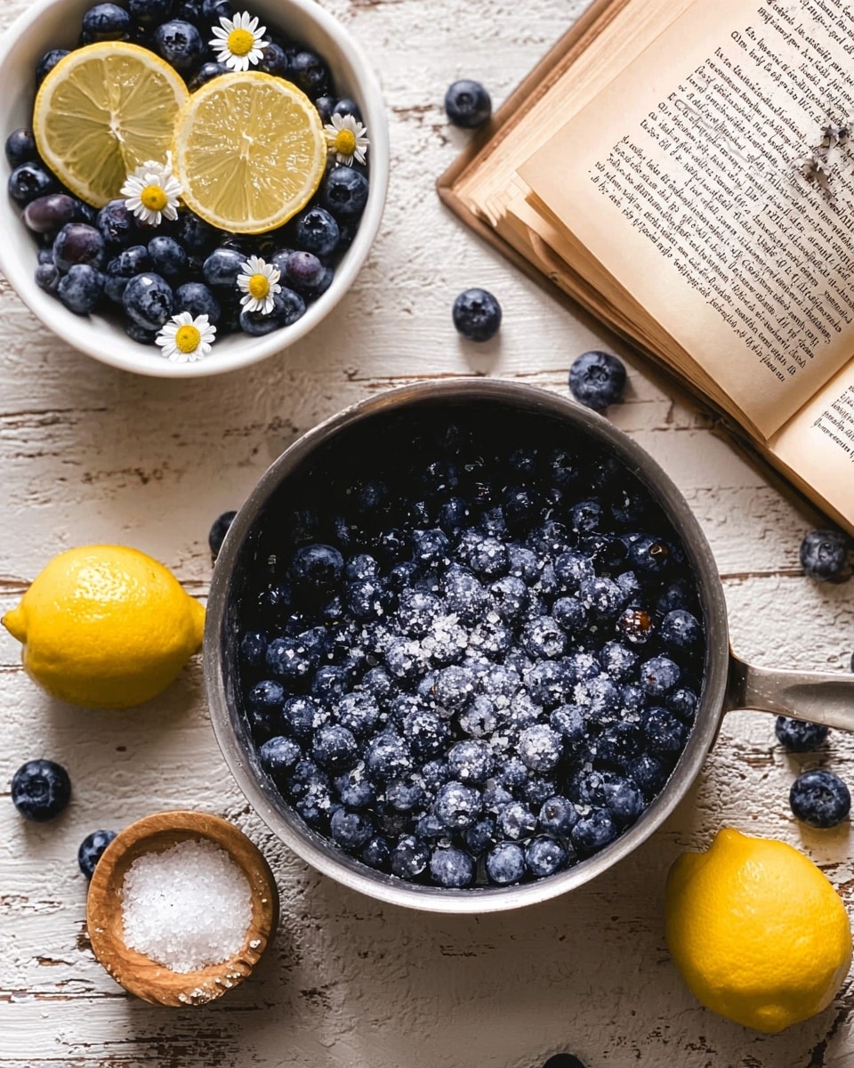 A close-up shot shows three main elements on a worn wooden surface with a white marbled texture added: at the bottom is a metal pot filled with fresh blueberries covered lightly in white sugar crystals; towards the top left is a white bowl full of fresh blueberries with two yellow lemon slices and small white chamomile flowers on top; at the top right is an open old book with pages showing printed text, on which sits a small wooden bowl holding two lemon slices and a few chamomile flowers. Blueberries and lemon slices are scattered casually around the scene for a natural feel. Photo taken with an iphone --ar 4:5 --v 7