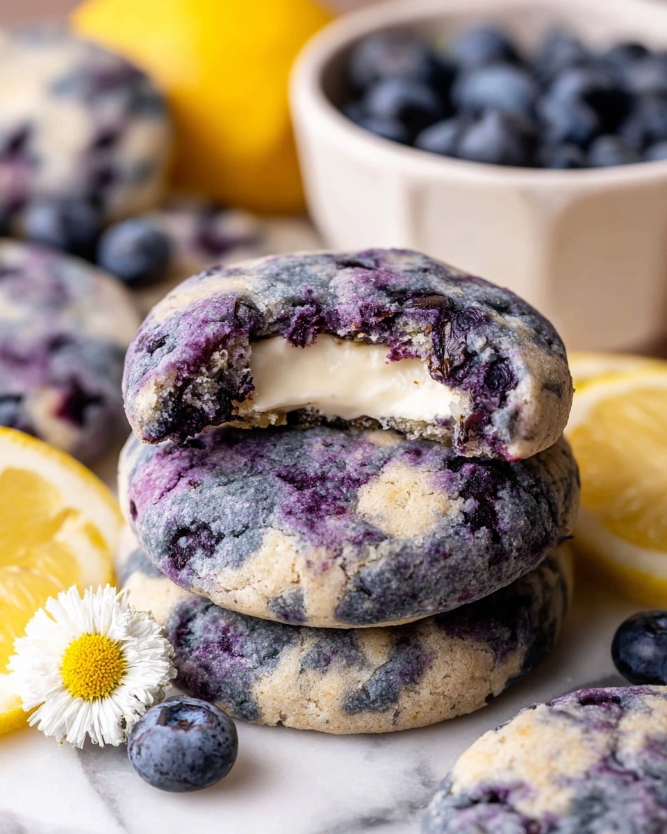 The image shows a close-up of stacked blueberry cookies with a dense texture. The top cookie has a bite taken out revealing a creamy white inside layer, while the cookie's surface is mottled with dark purple and light grey colors from the blueberries mixed in the dough. Around the cookies are small fresh blueberries, two lemon slices with visible juicy segments, and a small white daisy flower. In the background, there is a white bowl filled with more blueberries placed on a white marbled surface. photo taken with an iphone --ar 4:5 --v 7