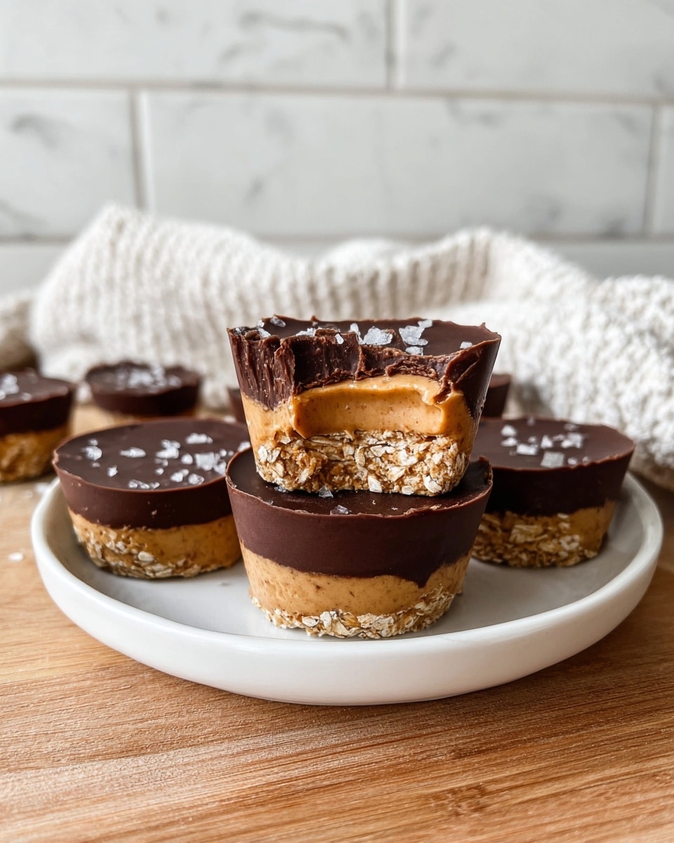 A white plate holds a stack of small treats with three distinct layers: the bottom layer is light brown and textured with oats, the middle layer is a smooth creamy peanut butter color, and the top layer is a shiny dark chocolate with a few flakes of sea salt sprinkled on it. One of the treats is on top, showing a bite taken from it, revealing the creamy middle and oat bottom layers. Around the plate, there are a few more treats, one of which is cut in half, displaying the three layers clearly. The plate is on a wooden surface with a soft white knitted cloth and a white tiled wall in the background with a white marbled texture beneath. Photo taken with an iphone --ar 4:5 --v 7