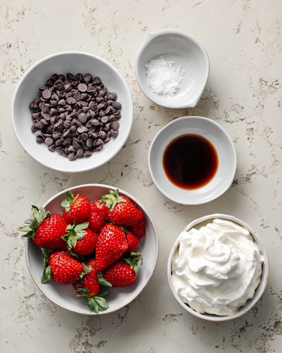 The image shows five white bowls on a white marbled surface. The top left bowl is filled with small, dark brown chocolate chips. The top right bowl contains a small amount of white coconut oil. In the center, there is a bowl with bright red strawberries with green leaves. The bottom left bowl has a small amount of dark brown vanilla extract. The bottom right bowl is filled with white whipped cream with soft, fluffy texture. Photo taken with an iphone --ar 4:5 --v 7
