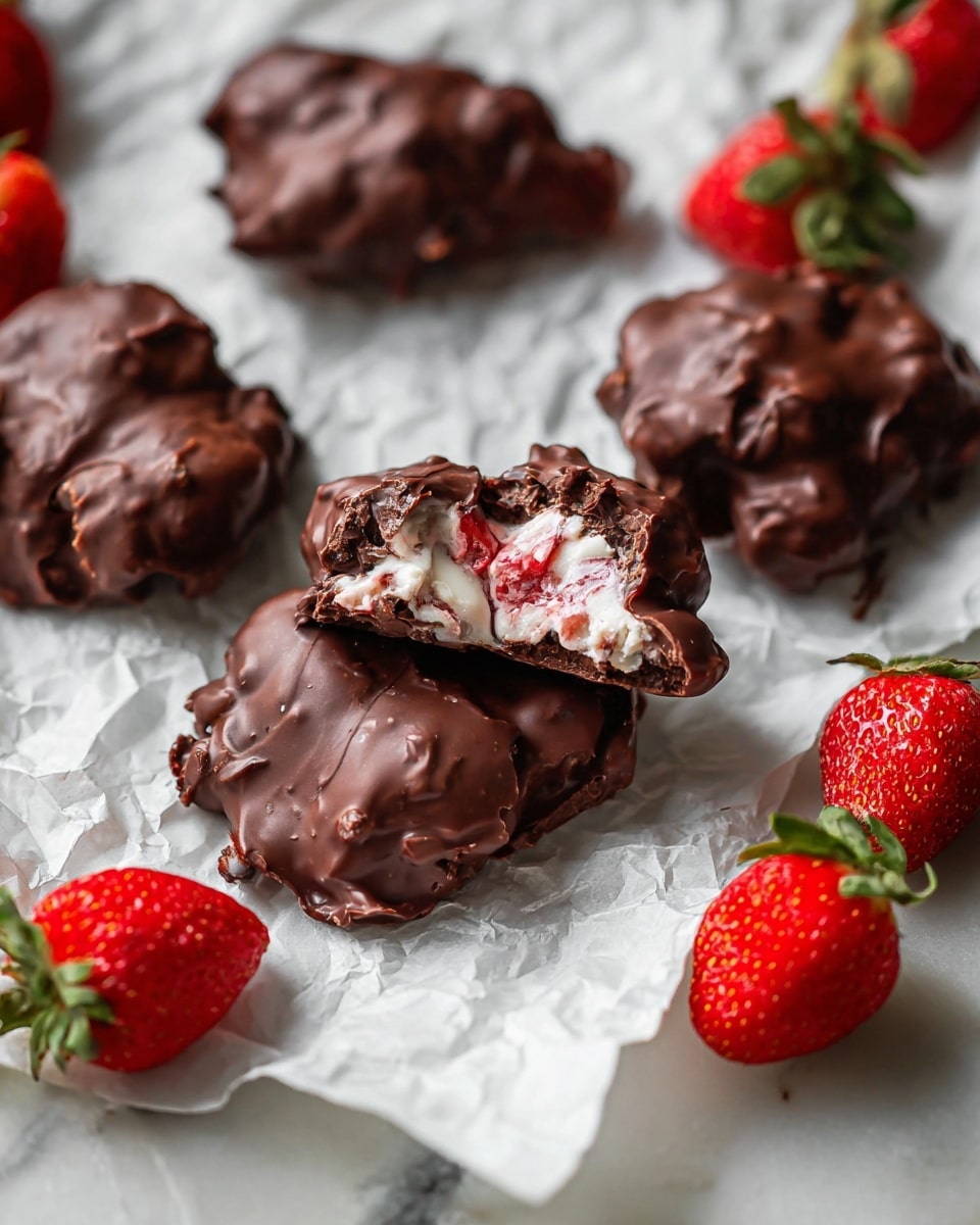 The image shows several dark brown chocolate clusters with rough, uneven surfaces placed on crinkled white parchment paper. One cluster is broken open in the center, revealing a creamy white filling mixed with small red strawberry pieces inside, creating a contrast between the dark chocolate outer layer and the bright inner layers. Around the clusters, there are whole, fresh strawberries with green leafy tops, adding vibrant red and green colors to the scene. The setting is on a white marbled surface with natural light highlighting the textures of the chocolate and strawberries. Photo taken with an iphone --ar 4:5 --v 7