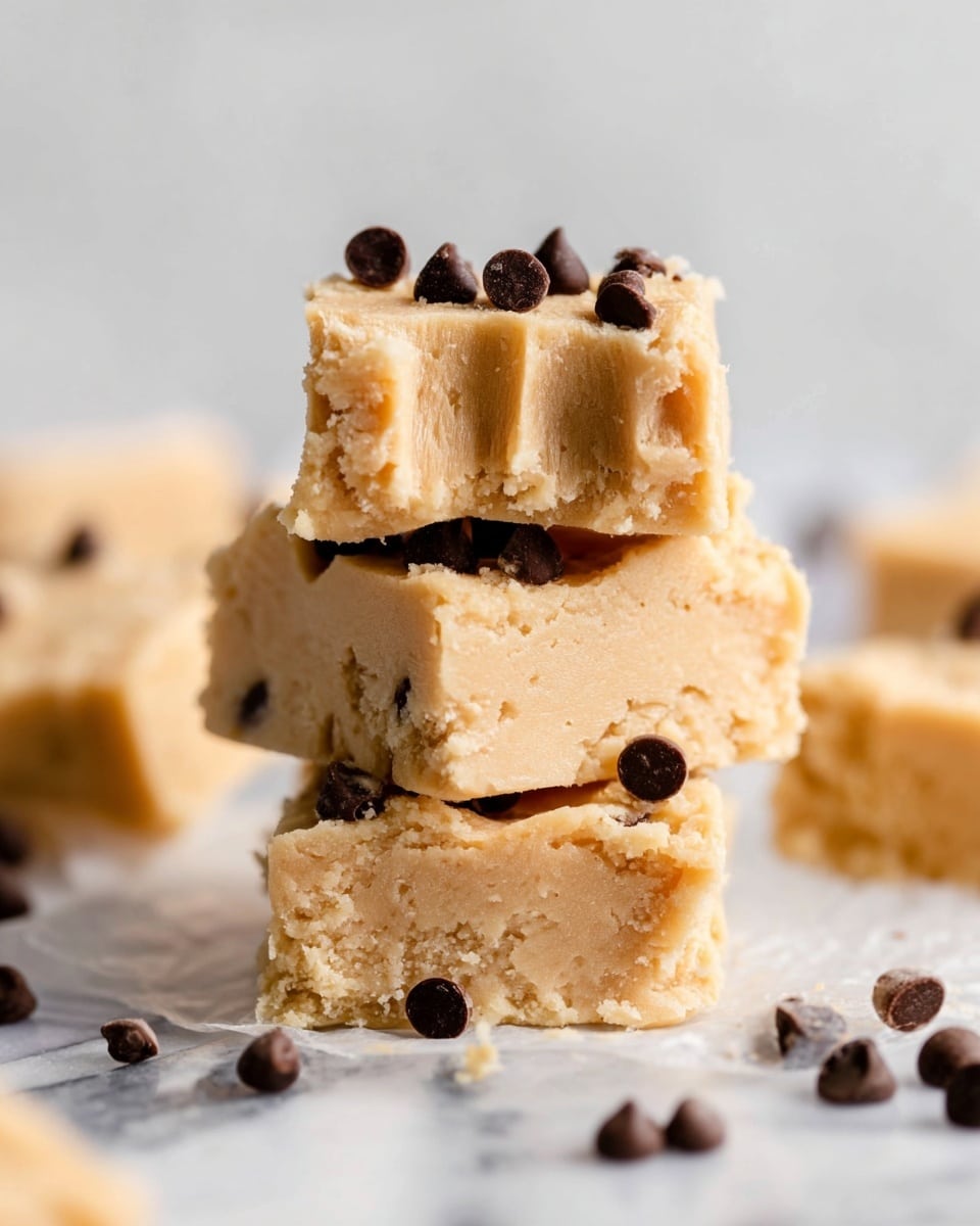 Three thick, pale beige fudge squares are stacked in the center, each square having a soft, crumbly texture with visible bite marks on the edges. Scattered on top and between the layers are small, dark brown chocolate chips that add contrast to the fudge's creamy tone. Around the stack, more fudge pieces and chocolate chips are lightly spread on a white marbled surface in a slightly blurred background, focusing closely on the front stack. photo taken with an iphone --ar 4:5 --v 7
