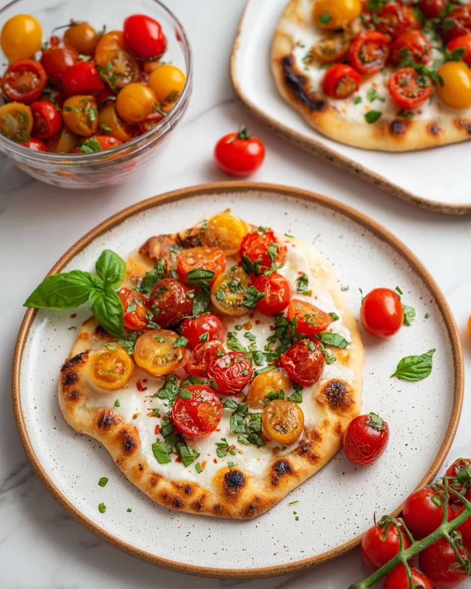 The image shows a small flatbread pizza on a white speckled plate with a thin brown rim. The bottom layer is golden brown flatbread with some charred spots. The next layer is melted white mozzarella cheese, spread unevenly. On top, there are halved red and yellow cherry tomatoes scattered, with small pieces of chopped fresh green basil sprinkled over them. Whole basil leaves are also placed on the pizza and the plate. Nearby, there is a clear glass bowl filled with more halved red and yellow cherry tomatoes mixed with green basil on a white marbled surface. A vine with red cherry tomatoes is resting on the surface next to the plate. Another pizza with similar toppings is partially visible at the top right. photo taken with an iphone --ar 4:5 --v 7