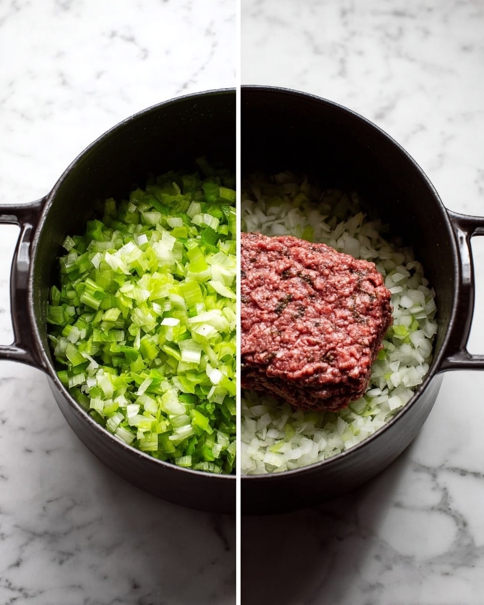 The image on the left shows a black pot sitting on a white marbled surface filled with the first layer of finely chopped green celery and white onion mixed together, covering the bottom of the pot. The image on the right shows the same pot with the same chopped celery and onion layer at the bottom, but an additional large chunk of raw ground meat with a reddish-brown color sits on top of the chopped vegetables in the center, slightly flattened. Photo taken with an iphone --ar 4:5 --v 7