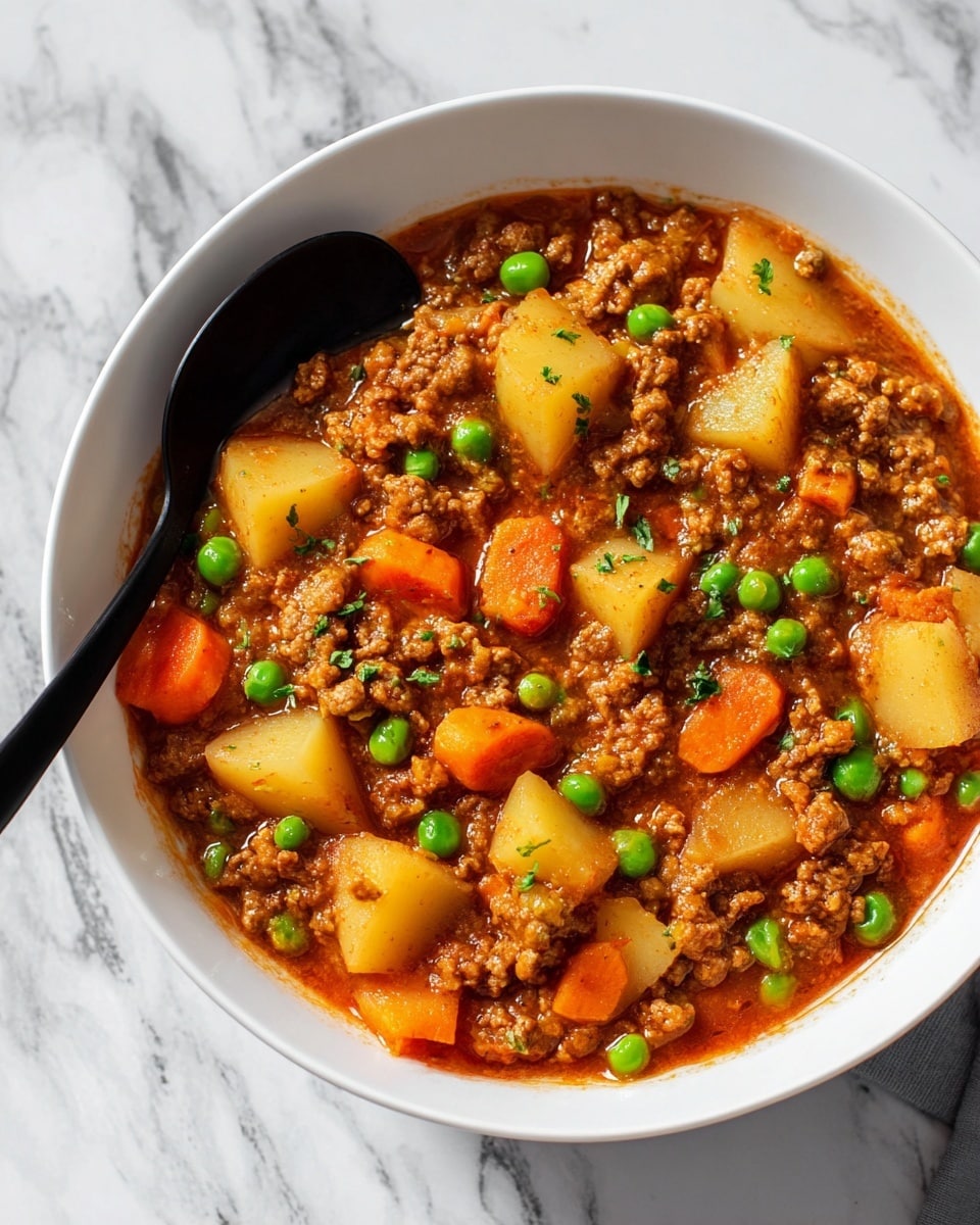 A white bowl filled with a thick stew featuring three main layers of ingredients: small, soft chunks of light yellow potato scattered throughout, bright orange carrot slices, and vibrant green peas. The stew has a rich reddish-brown sauce with visible small pieces of browned ground meat and diced onions mixed evenly, giving the dish a hearty texture. Fresh green herbs are lightly sprinkled on top for color contrast. A black spoon rests inside the bowl on the left side, with the bowl placed on a white marbled surface. Photo taken with an iphone --ar 4:5 --v 7