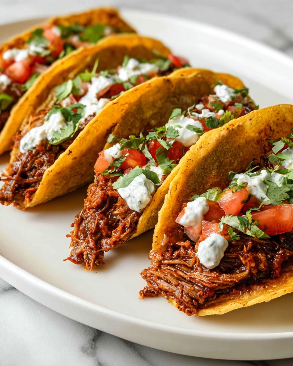 The image shows a white plate with four tacos arranged in a row. Each taco shell is golden yellow and looks lightly crispy with a soft texture. Inside each shell is shredded brown meat mixed with small chunks of red tomato and green cilantro leaves, topped with dollops of white sauce with small green herbs. The filling appears juicy with a slight glaze. The plate rests on a white marbled surface. photo taken with an iphone --ar 4:5 --v 7