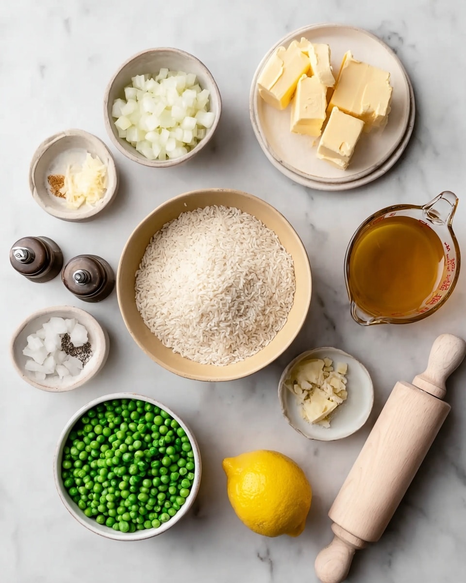 The image shows various ingredients arranged neatly on a white marbled surface. In the center, there is a beige bowl filled with white rice. Surrounding it, clockwise from the top left, are small white bowls containing diced white onions, chunks of pale yellow butter on a white plate, a beige rolling pin, two small dark brown shakers, a glass measuring cup with amber-colored liquid, a bright yellow lemon, and a wooden lemon squeezer. There is also a small white bowl filled with bright green peas and another small white bowl with minced garlic. The colors are soft and natural, giving a fresh and clean look to the ingredients. photo taken with an iphone --ar 4:5 --v 7