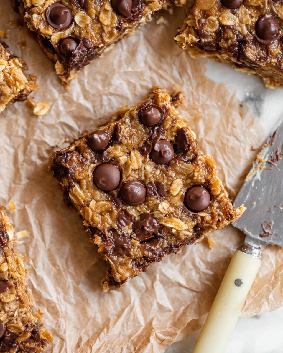 The image shows a close-up of a square oatmeal bar with visible layers of rolled oats mixed with melted chocolate chips, giving it a textured, slightly wet look. The top layer is studded with large, round chocolate chips that shine softly, scattered unevenly across the surface. The oatmeal bar sits on crinkled, light brown parchment paper, which forms the background along with a white marbled surface. To the right of the bar, there is a metal spreading knife with a beige handle and some traces of chocolate, lying flat on the parchment paper. Surrounding the main square bar are corner pieces of similar oatmeal bars, showing the same oat and chocolate mix in a rough, homemade style. photo taken with an iphone --ar 4:5 --v 7