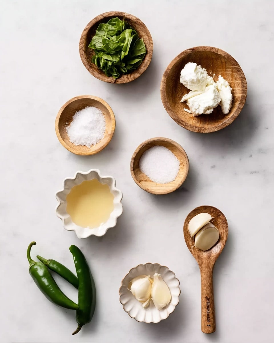The image shows seven small wooden and white bowls on a white marbled surface, each with different ingredients arranged neatly. At the top left, a small wooden bowl holds green leafy herbs. To the right, a wooden spoon with white chunks inside lies flat. Below that, a wooden measuring spoon filled with a golden liquid is placed. In the center, there is a small white scalloped bowl filled with a pale yellow liquid. Around the center bowl, there are smaller wooden bowls containing coarse salt, two peeled garlic cloves, and a white creamy mixture. At the bottom left, a white bowl holds two halves of a green chili pepper. The arrangement is clean and simple, with natural textures and soft lighting, photo taken with an iphone --ar 4:5 --v 7
