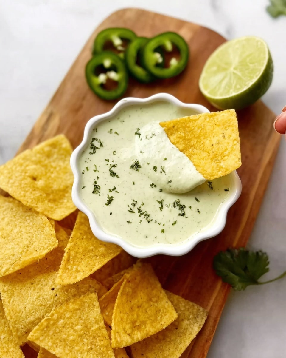 A small white scalloped bowl filled with a creamy light green sauce with a smooth texture, lightly sprinkled with green herbs on top. One triangular yellow tortilla chip is partially dipped into the sauce, held by a woman's hand. Surrounding the bowl are several more yellow tortilla chips placed on a wooden board. On the white marbled surface next to the board, there is a halved lime with green leaves behind it and three sliced green jalapeños nearby. Photo taken with an iphone --ar 4:5 --v 7