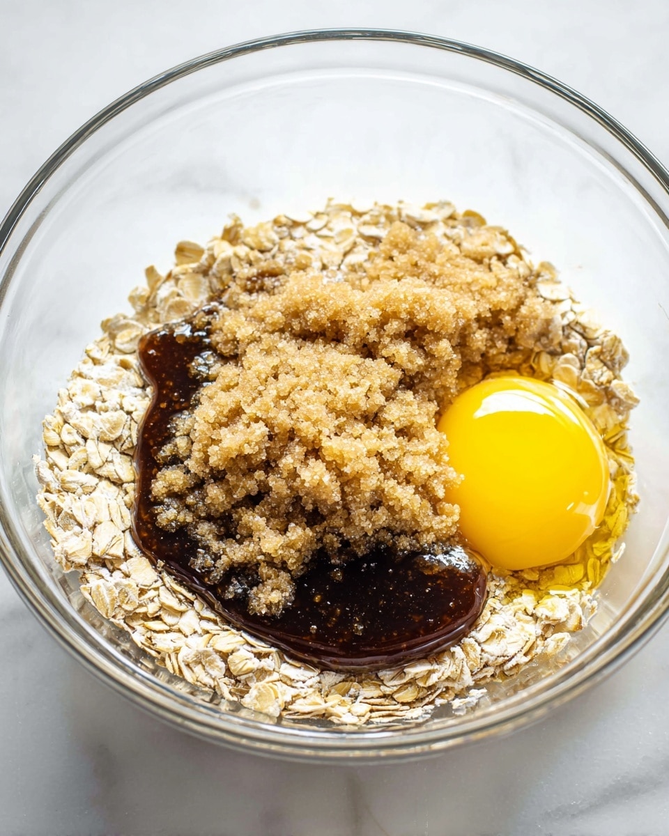 In a clear glass bowl, there is a base layer of light beige rolled oats spread evenly around the bowl. On the right side, a bright yellow egg yolk with a shiny smooth surface rests among the oats. In the center, a dark brown thick syrupy layer with a sticky texture holds a scattering of light brown sugar crystals on top, creating a contrast between the rough sugar and the syrup's smoothness. The bowl is placed on a white marbled surface. photo taken with an iphone --ar 4:5 --v 7
