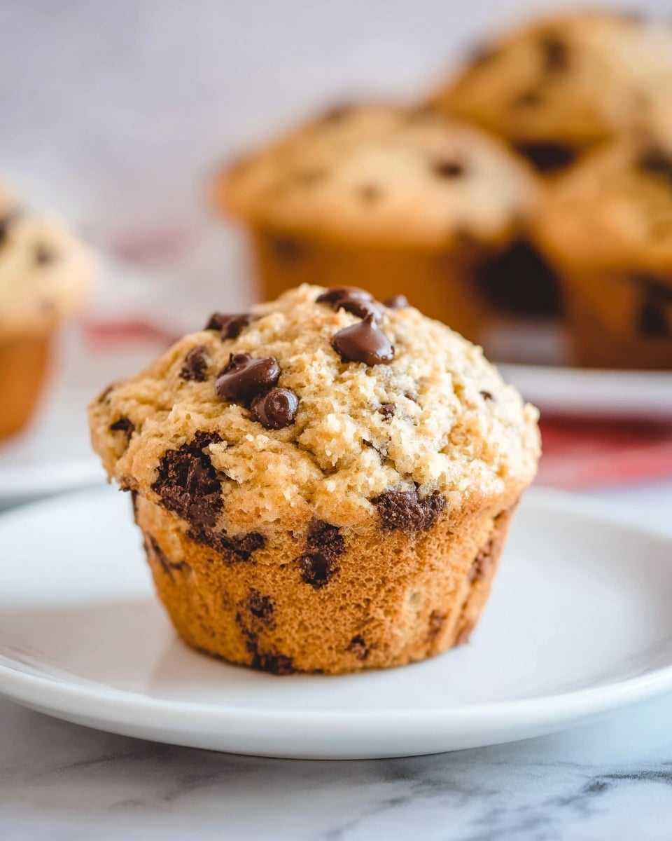 A single golden-brown muffin with chocolate chips is placed in the center of a white plate, showing a soft and crumbly texture with chocolate chips scattered throughout. In the blurred background, there are more muffins, all with the same golden color and chocolate spots. The setting is on a white marbled surface, enhancing the warm color of the muffins. The photo is taken with an iphone --ar 4:5 --v 7