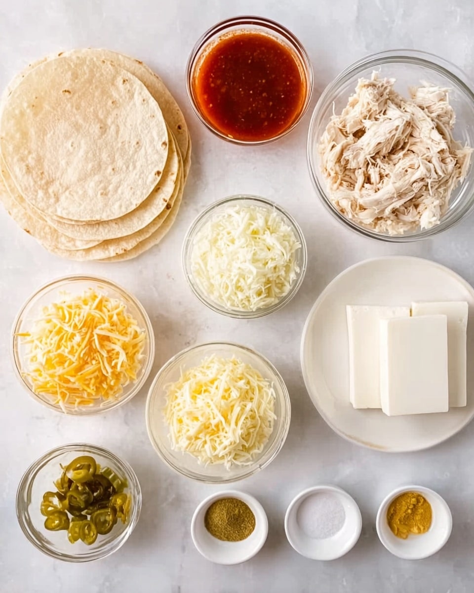 The image shows a top view of several clear and white bowls and plates arranged on a white marbled surface. On the bottom left, there is a stack of small round tortillas. To the right of the tortillas, there is a clear bowl filled with shredded white chicken. Above the chicken bowl and slightly to the right, there is a glass bowl filled with a reddish sauce. Next to the sauce bowl on the left, there is a small glass bowl with green chili peppers. Above that, there is a white bowl filled with finely shredded white cheese. Next to the cheese bowl on the right, there is a clear bowl with a mix of yellow and white shredded cheese. Above the tortillas on the left, there is a white plate with two thick white blocks of cream cheese. At the bottom right corner, there are three small white dishes, from left to right holding a yellow powder, green seasoning, and white salt. The overall setting is neat and simple, giving a clear view of the ingredients. photo taken with an iphone --ar 4:5 --v 7