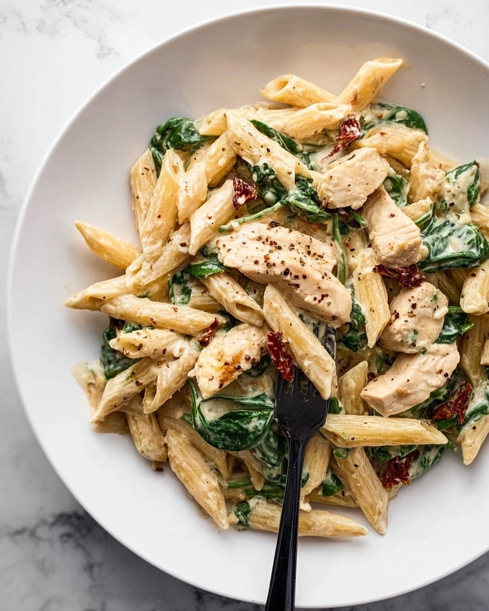 The image shows a plate of creamy pasta with penne noodles coated in a smooth, light beige sauce. Mixed throughout are bright green spinach leaves and small pieces of light-colored chicken. There are also bits of red sun-dried tomatoes adding color contrast. The dish is sprinkled with black pepper on top for texture. A black fork is placed on the right side of the white plate, stirring some pasta with a piece of chicken and spinach. The plate sits on a white marbled surface. photo taken with an iphone --ar 4:5 --v 7
