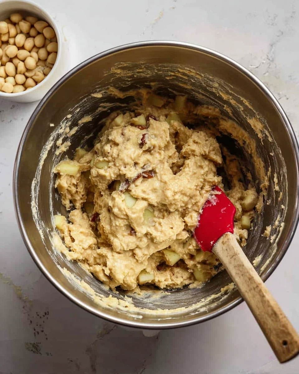 The image shows a shiny metallic mixing bowl filled with a thick, chunky dough that is light beige in color with visible pieces of chopped fruit, likely apples, mixed in. A wooden spatula with a red silicone tip is resting inside the bowl, partially covered with the dough. The bowl is placed on a white marbled surface with a small white bowl of round beige nuts or seeds nearby. The overall look is of a thick mixture ready to be baked or cooked. Photo taken with an iphone --ar 4:5 --v 7