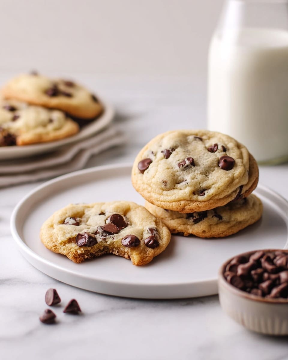 The image shows a white plate on a white marbled surface holding three chocolate chip cookies. Two cookies are stacked on the right side with a light brown color and dark chocolate chips visible on the top cookie. The third cookie, lying flat on the left side, has a bite taken out of it, revealing a soft inside with chocolate chips distributed throughout. Behind the plate, a clear glass bottle filled with milk is partially visible. Scattered near the plate are a few loose chocolate chips and a small bowl filled with more chocolate chips, adding to the warm and inviting snack scene. Photo taken with an iphone --ar 4:5 --v 7