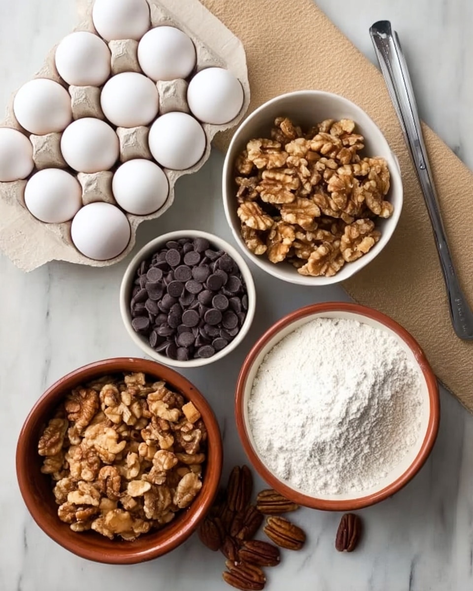 The image shows four main items arranged on a white marbled surface: a white egg tray with six plain white eggs at the top left, a round white bowl filled with walnut pieces at the top right, a round white bowl filled with a mix of light brown butterscotch chips and dark chocolate chips in the center, and a terracotta bowl with white flour and a metal scoop near the bottom right. There are also some pecans scattered loosely on the white marbled surface near the bottom left of the image. Photo taken with an iphone --ar 4:5 --v 7