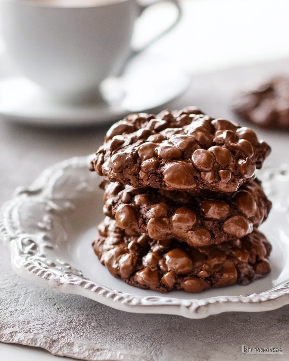A small stack of three thick chocolate cookies with a cracked, bumpy surface made of uneven, glossy chocolate pieces, resting closely together on a decorative white vintage tray with curved edges and ornate details. The tray sits on a textured white marbled surface, and a white cup and saucer blurred in the background add a soft touch to the scene. The lighting is natural, highlighting the rich chocolate shades and textures of the cookies. Photo taken with an iphone --ar 4:5 --v 7