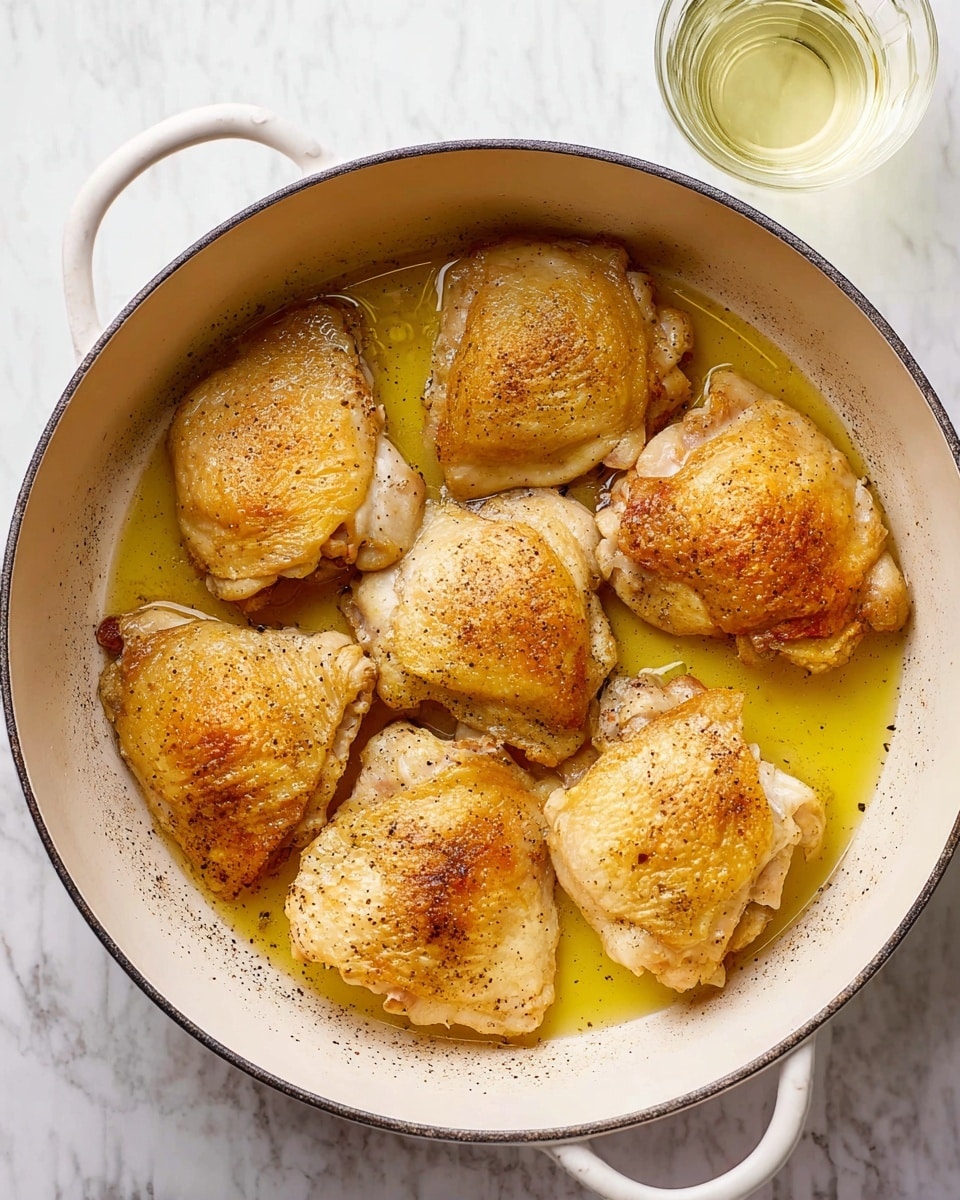 A white pot holds five pieces of cooked chicken thighs placed in a circle with their golden brown skin facing up, showing a slightly crispy texture with light pepper sprinkled on top. The center of the pot contains clear yellow cooking oil, and the pot is set on a white marbled surface. A glass of light yellow liquid sits nearby. photo taken with an iphone --ar 4:5 --v 7