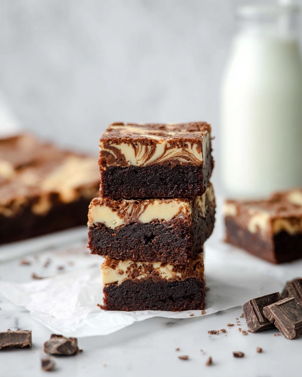 The image shows a stack of three square brownies with two clear layers: the bottom layer is dark brown and dense, while the top layer is lighter cream-colored with dark brown swirls creating a marbled effect. The brownies are placed on white parchment paper scattered with small chunks of chocolate. In the background, there is a blurred tall bottle filled with white milk and other brownies laying flat. The surface beneath has a white marbled texture. photo taken with an iphone --ar 4:5 --v 7
