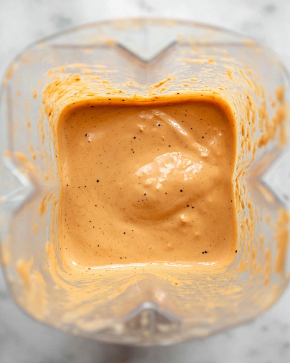 The image shows a thick, creamy sauce inside a clear blender container. The sauce is smooth with a light orange color and small black specks evenly spread throughout. The texture looks rich and well-blended, covering the inside bottom and sides of the blender. The clear plastic container allows full visibility of the sauce’s glossy surface and creamy consistency. The background is a white marbled texture. Photo taken with an iphone --ar 4:5 --v 7