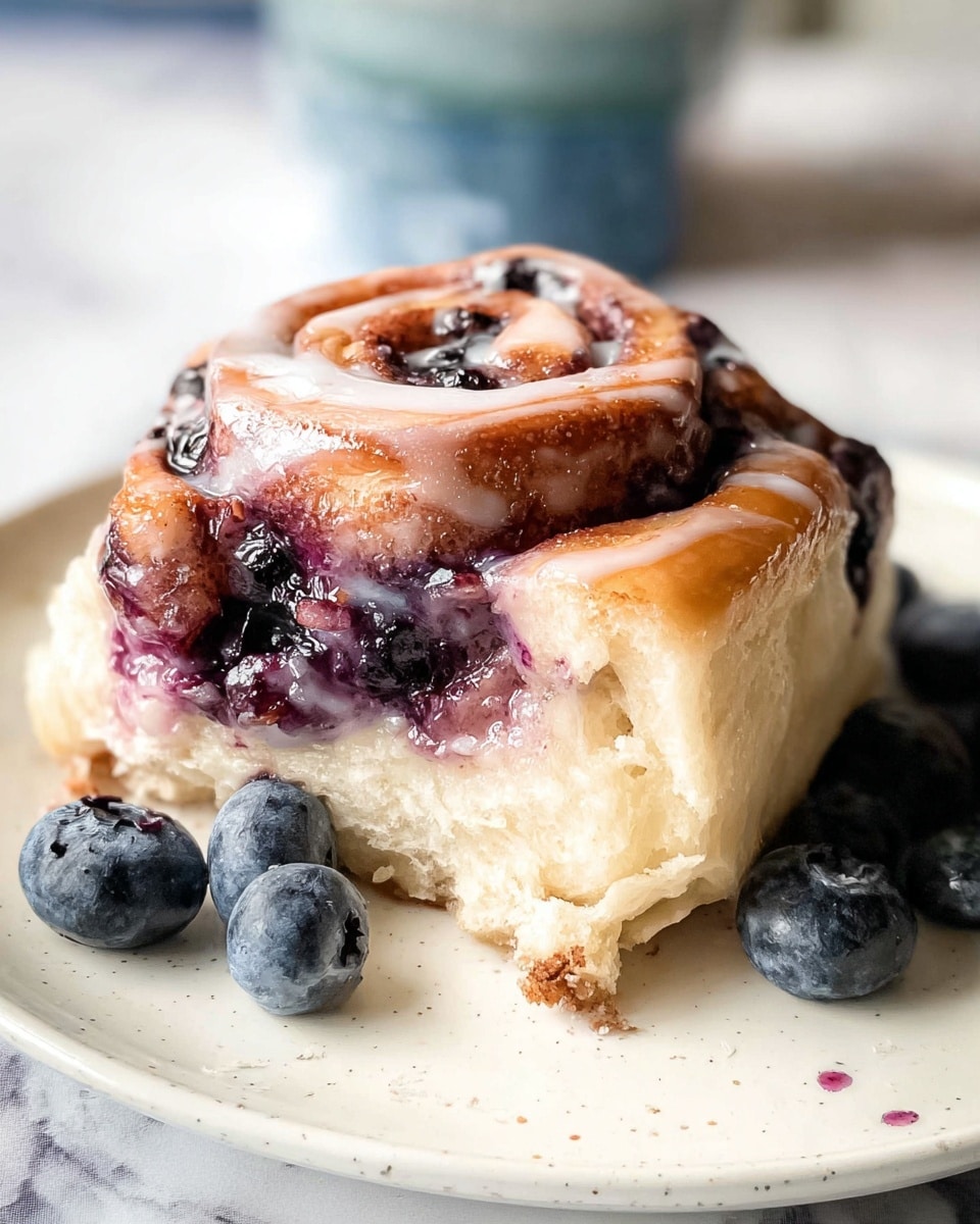 A soft cinnamon roll with three visible layers: the bottom layer is thick and light beige dough, fluffy and slightly torn at the edges; the middle layer is a purple-blue swirl of blueberry filling with visible whole blueberries and a shiny glaze on top; the top layer is a golden-brown crust with a light drizzle of white icing. The roll sits on a white plate with some fresh blueberries scattered around it on a white marbled surface. photo taken with an iphone --ar 4:5 --v 7