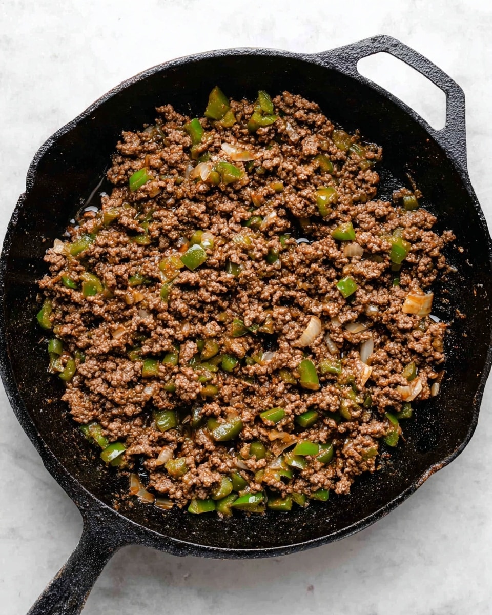 A black cast iron pan filled with cooked ground beef mixed with small pieces of green bell pepper and onions. The beef is brown and crumbly with a slightly oily texture, and the green bell peppers add small pops of bright green color, while the onions are soft and light brown. The pan sits on a white marbled surface, with the mixture spread evenly but with some empty space in the middle and around the edges. Photo taken with an iphone --ar 4:5 --v 7